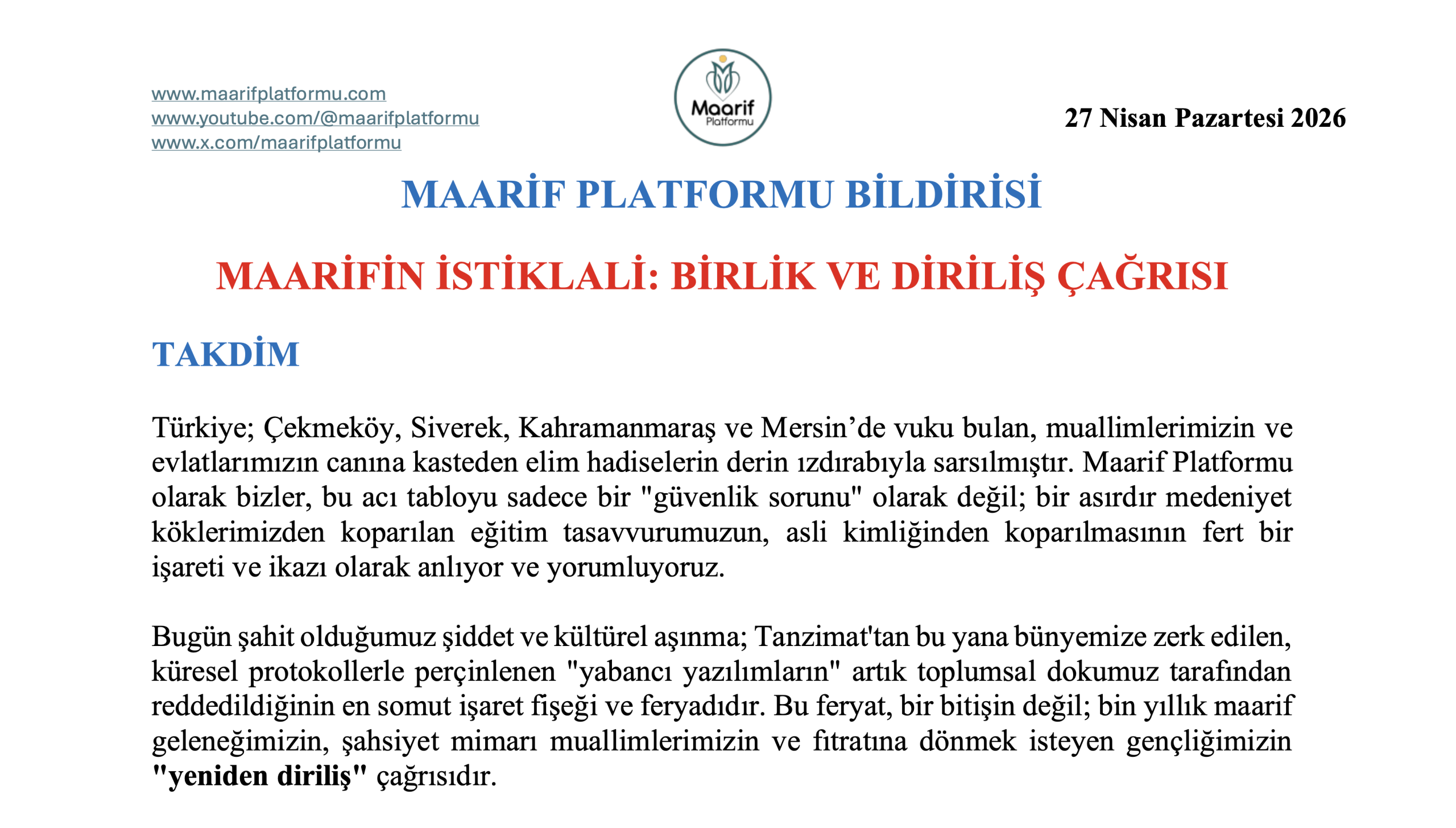 MAARİFİN İSTİKLALİ: BİRLİK VE DİRİLİŞ ÇAĞRISI