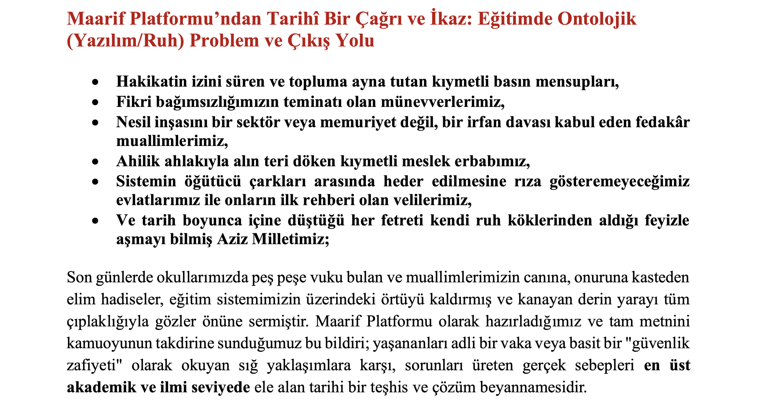 Maarif Platformu’ndan Tarihî Bir Çağrı ve İkaz: Eğitimde Ontolojik (Yazılım/Ruh) Problem ve Çıkış Yolu