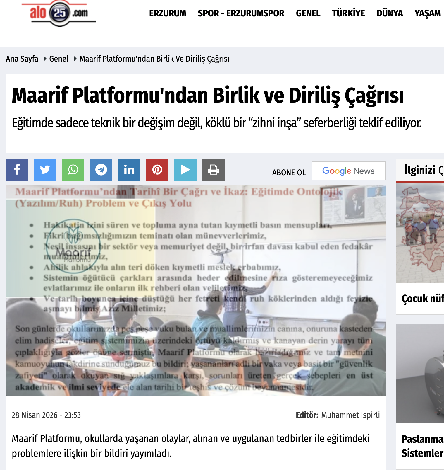 Alo25: Maarif Platformu'ndan Birlik ve Diriliş Çağrısı / Eğitimde sadece teknik bir değişim değil, köklü bir “zihni inşa” seferberliği teklif ediliyor.